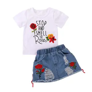 Conjunto de roupas infantis, camiseta e saia jeans para bebês de 1-5 anos, roupas para meninas, verão