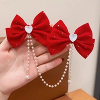 Nouvel an épingle à cheveux enfants arc cheveux accessoires fille rouge velours ruban arc épingle à cheveux noël arc pince à cheveux avec pompon blanc