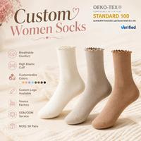 Chaussettes en coton pour femmes avec logo personnalisé, chaussettes à volants mignonnes, écologiques, respirantes, séchage rapide, décontractées, pour le sport et le quotidien