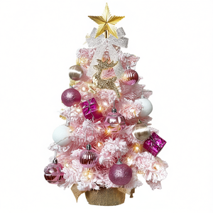Mini albero di Natale artificiale rosa floccato da 60 cm da tavolo con luci LED e decorazioni per la casa e l'ufficio - Product Image 1