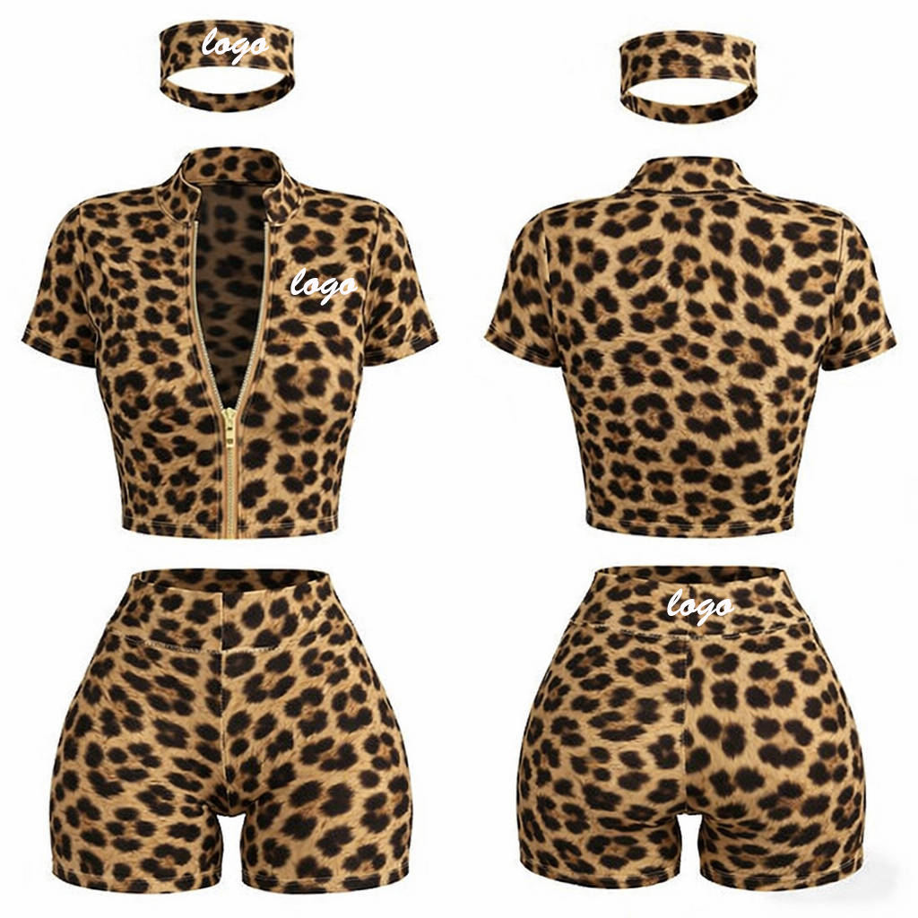 Summer Custom Leopard Print Outfits Three Piece Fitness Loungewear Cheetah T-shirt and Shorts Yoga Set for Women