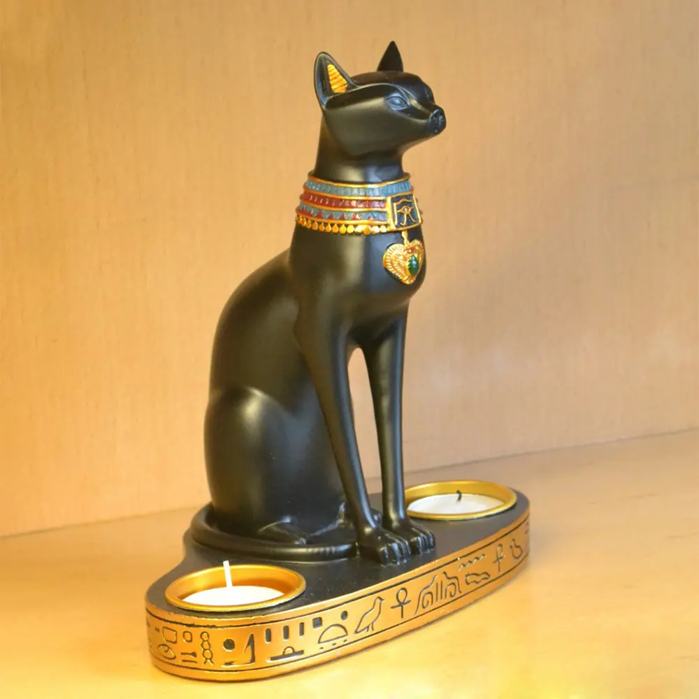 Patung Dewi Kucing Baset Mesir Kuno dengan 2 Tempat Lilin Cahaya Teh (Tinggi 7.5 ") A