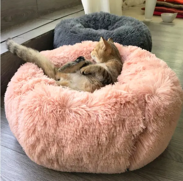 Atacado fabricante macio de pelúcia de luxo, rosa cinza branco animal de estimação almofada redondo gato cama de cachorro