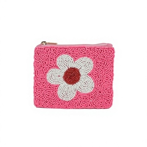 <b>Pink</b> Beaded <b>Clutch</b> Bag With White Flower Embroidery Square Shape Fashion Style Daily Use Accessory - Product Image 1