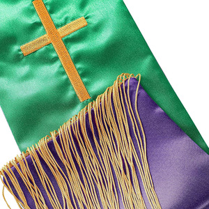 Châle de Pasteur Réversible Vert et Violet Brodé Croix Pompons Mariage Église Unisexe Polyester 5,12 Pouces - Product Image 4