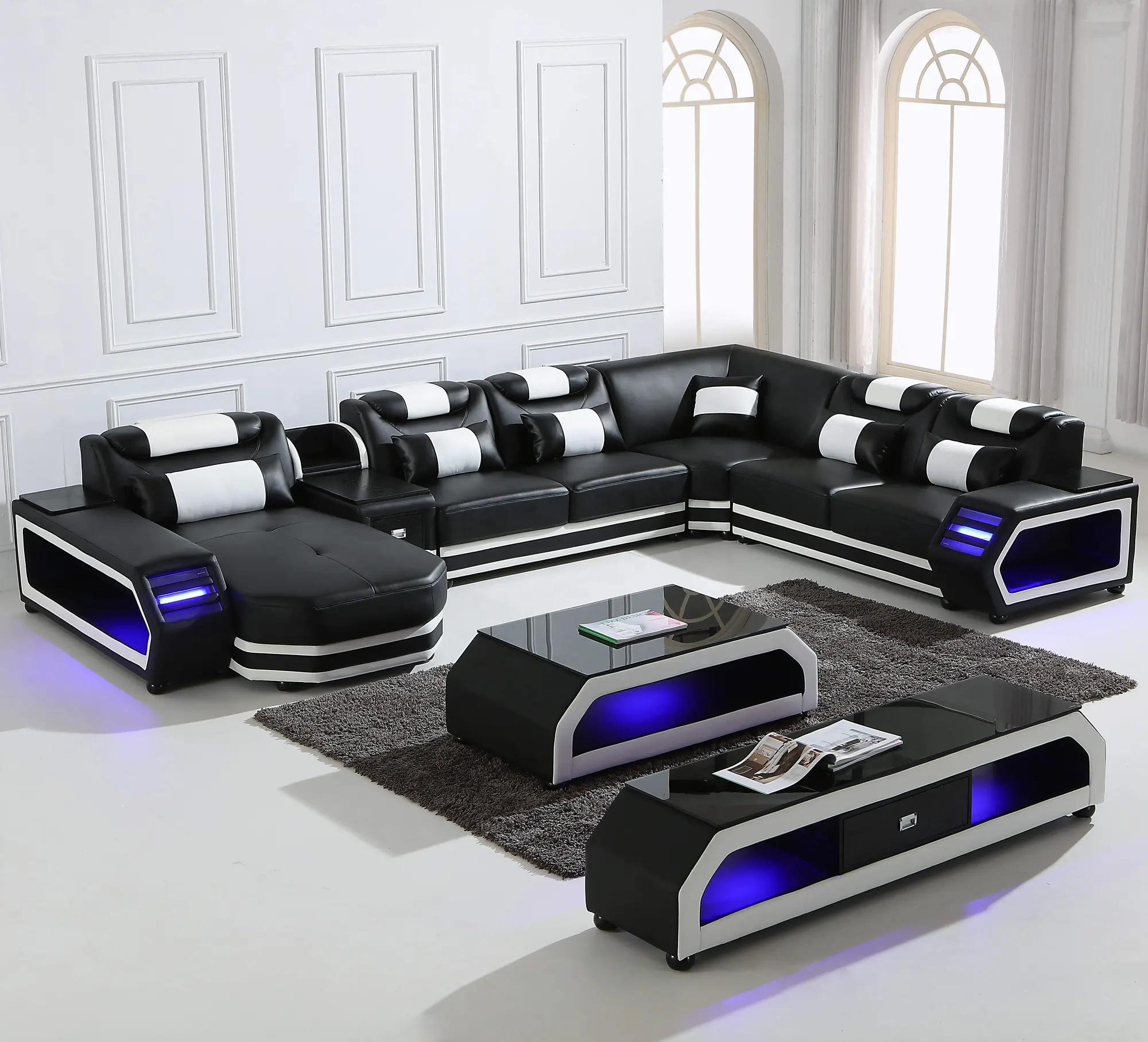 Sofa Set With Led Lights Leather Living Room Furniture U-Shaped Functional Sofa Set 7 Seater Sectional Sofa Modern Style
