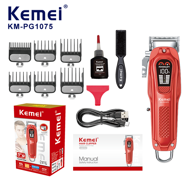 KM-pg1075 Hair Salon Cutting Equipment Brand Kemei Trimmer Red Battery Lasting Stainless Blade Hair Clipper With Big Combo