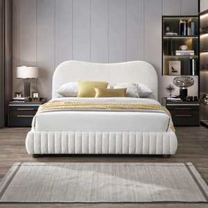Modern Norme Boucle Upholstered Low Profile <b>Queen</b> <b>Size</b> Platform <b>Bed</b> in Cream for Bedroom - Product Image 4