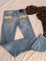 Jean évasé taille basse bleu pour femme, style Y2K vintage américain, brodé d'ailes en strass, avec poches cloutées, streetwear