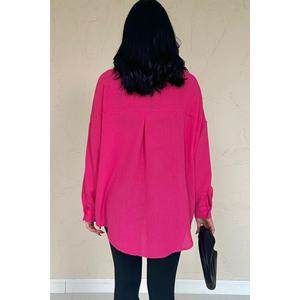 Fuchsia Women's Asymmetric Poplin Button <b>Down</b> Shirt Casual Everyday Wear - Product Image 2