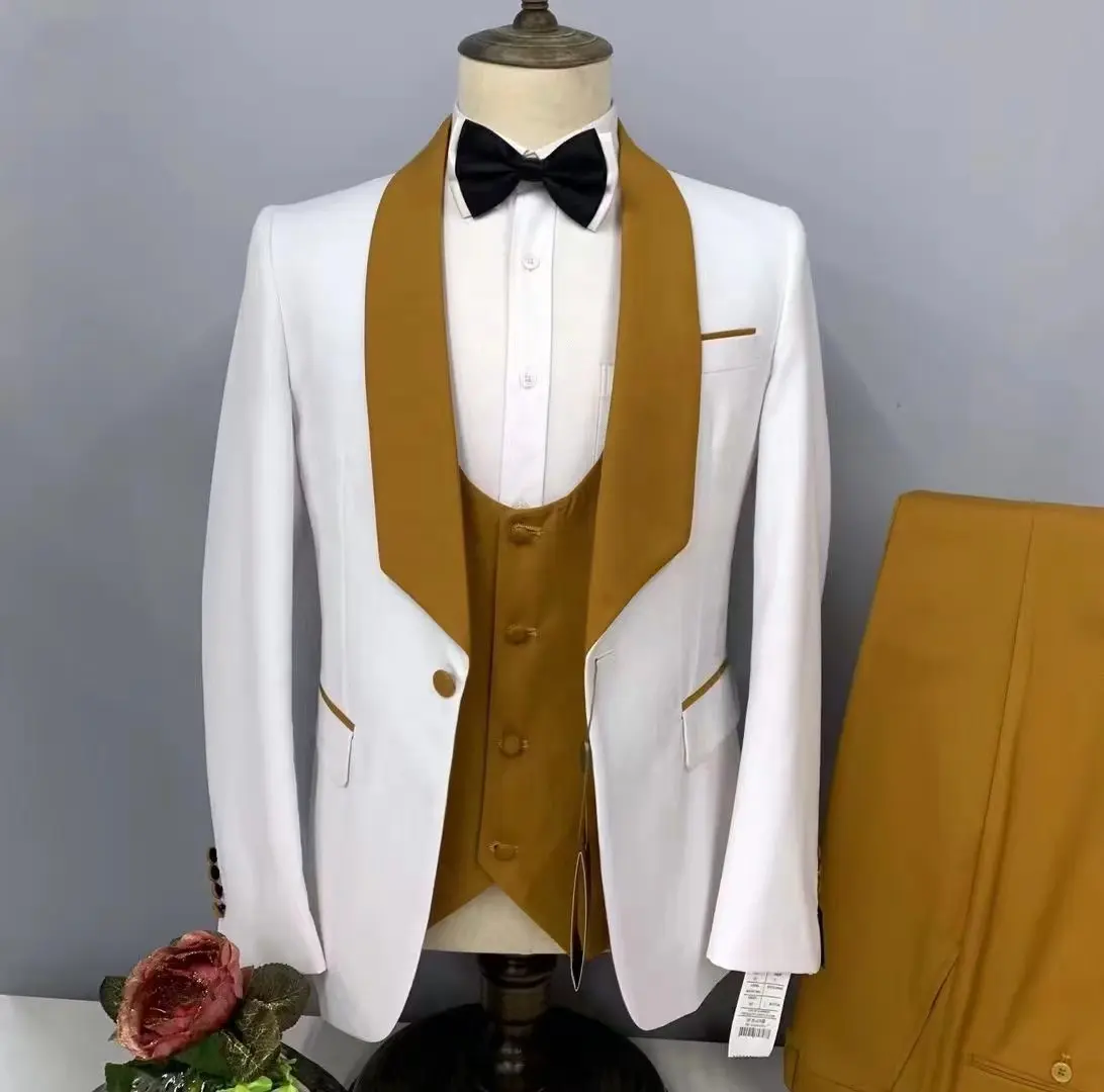 Factory Price 3 Piece Jacket Vest Pants Slim Fit White Men Suits With Golden Collar
