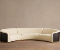 Canapé modulaire incurvé avec tissu bouclé, design demi-lune en 3 parties, côtés en bois cannelé, base en métal doré, luxe