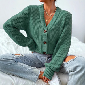 Women's Knitted <b>Cardigan</b> Solid Color V Neck Long Sleeve Autumn Winter Sweater Loose Fit Casual Outerwear S M L XL Green - Product Image 4