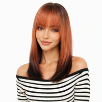 Perruque synthétique lisse mi-longue ombrée cuivre-orange avec frange complète, en fibre résistante à la chaleur, fournisseur en gros d'usine