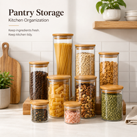 Ensemble de bocaux de rangement ronds en verre avec couvercle en bambou pour la cuisine, le garde-manger, le stockage des aliments, du café, du thé, des pâtes, des collations et des produits secs