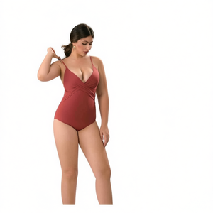 Costume da bagno intero HDJ Plus Size con controllo pancia, scollo a V profondo, rosso vino BZ77069 - Product Image 1