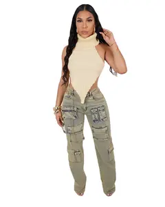 sexy new fashion trend trousers cargo denim pants for woman cargo pant jeans