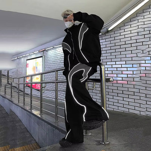 Ensembles pour hommes fermeture éclair col rabattu veste de couleur contrastée réfléchissante pantalon à jambes larges 2025 haute rue hommes survêtements de sport - Product Image 4