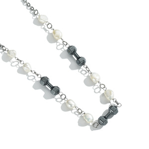 Baroque Pearl Black Dumbbell Necklace Titanium Steel Chain Geometric Design Daily Wear Party Accessory - Product Image 1