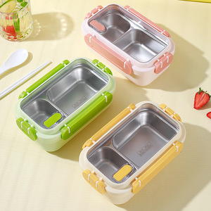 Boîte à lunch en acier inoxydable avec compartiments, compatible micro-ondes, pour étudiants et employés de bureau, couvercle en plastique rectangulaire, couleur unie - Product Image 1
