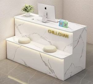 Modern White <b>Reception</b> Desk with Gold Trim and Seating for Salon or Retail Store - Product Image 5