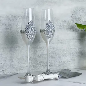210ml fatti a mano Spot foratura diamanti Champagne flute Champagne bicchieri da sposa calici Set di calici con coltello da torta pala
