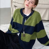 Cardigan en tricot rayé vert marine rétro pour femme, col rond ample, pull épais, manteau décontracté automne-hiver, personnalisable