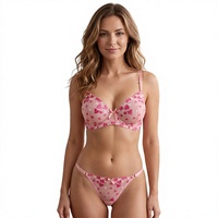 Ensemble soutien-gorge à armatures et string assorti en dentelle rose sexy avec broderie cœur et nœud à boutons pour femme - Vente en gros usine