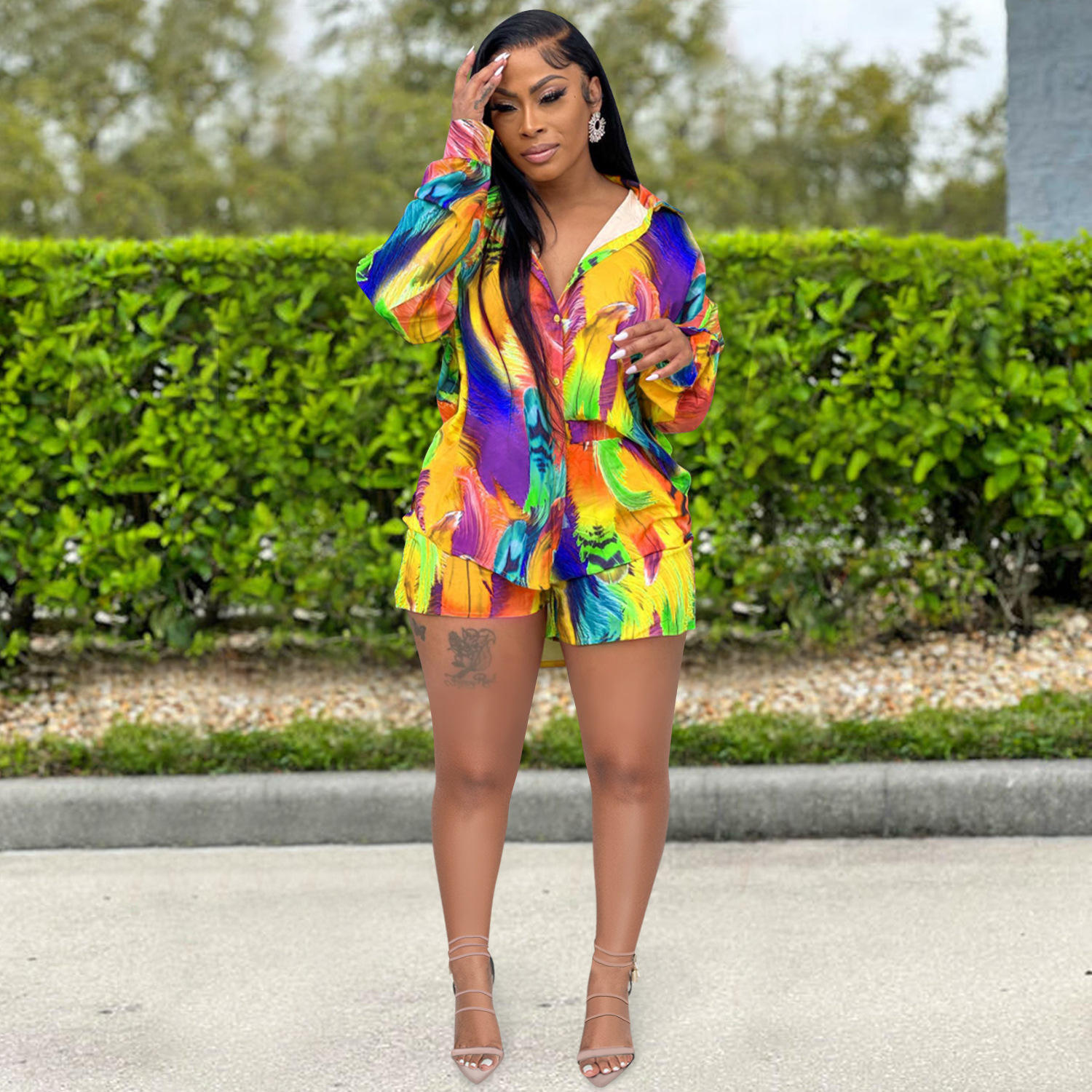 Fashion Print Piece Sets Summer Womens Outfits Button up Long Sleeve Shirts and Shorts Casual Matching Sets