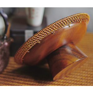 Retro Rattan High-Legged Tea And Snack Plate Japanese Walnut Wood Fruit Tray <b>Bamboo</b> Woven Serving Tray For Home Use Handmade - Product Image 3