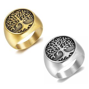 Bague Arbre de Vie pour homme en acier titane plaqué or et argent, design rond à motif végétal, cadeau pour homme - Product Image 1