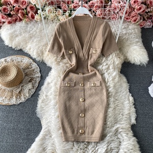 Wholesale <strong>V</strong> <strong>Neck</strong> Short Sleeved Knit <strong>Jersey</strong> Bodycon <strong>Dress</strong> Women Slim Casual Summer <strong>Dresses</strong> Vestido - Product Image 3
