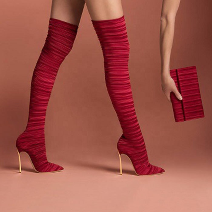 Сапоги женские атласные выше колена, пикантная Красная Эластичная ткань, высокий металлический каблук-шпилька, заостренный носок, ботфорты