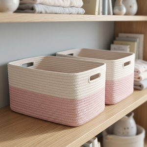 Rectangle Cotton <b>Rope</b> <b>Storage</b> <b>Baskets</b> With Handles For Clothing Neatening Simple Style Pink White Color - Product Image 2