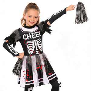 Disfraz de Halloween para Niñas, Disfraz de <span class=keywords><strong>Animadora</strong></span> Zombi, Estampado de Huesos de Esqueleto y Sangre, con Pompones para Niñas - Product Image 1