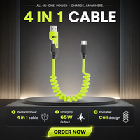 Câble USB Type-C 4-en-1 A51JJ, charge rapide 65W et transfert de données pour ordinateurs et téléphones mobiles, conception à ressort, câble de charge 4-en-1