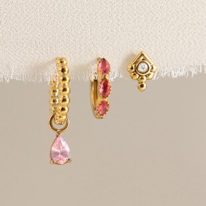J&amp;D Jewelry Sweet 3-Piece Pink Zirconia Earring Set 18K Gold PVD Stainless Steel Waterproof Drop <strong>Huggie</strong> Stud Earrings for Women - Product Image 6
