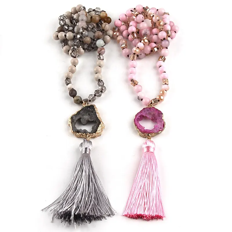 Mode Boho Schmuck Frauen Geschenk Naturstein Kristall Glas Perlen Quaste Halskette Unregelmäßige Druzy Drop Anhänger Halskette