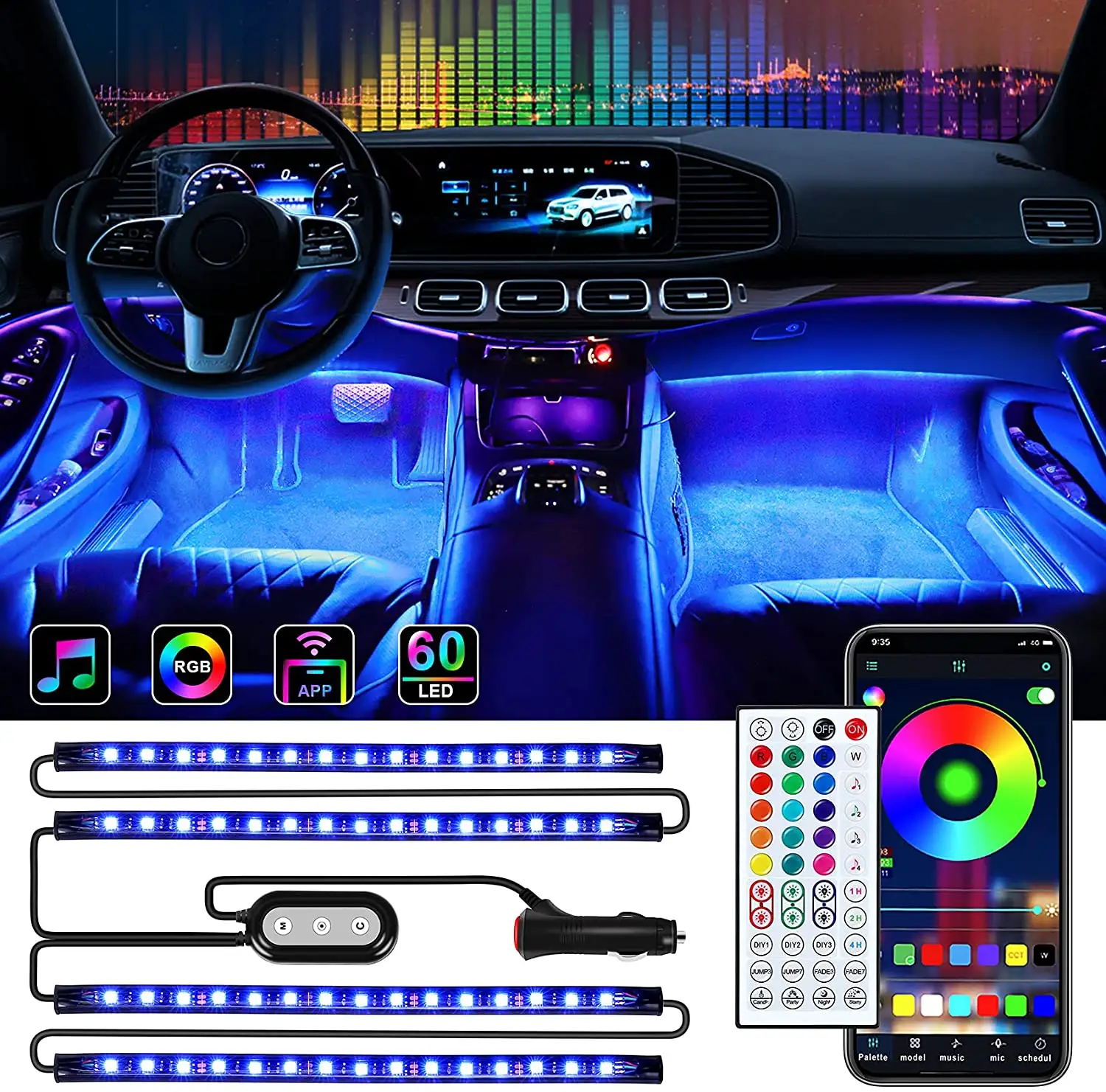 2022 New Remote RGB 16 Colors Control SMD 5050 *4 PCS Car Lighting Interior LED Foot Atmosphere Ambient Floor Light