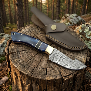 Couteau à lame fixe Drop Point en acier Damas, manche en bois Pakka bleu, garantie 3 ans, couteau de survie pour camping et bricolage - Prix abordables - Product Image 1