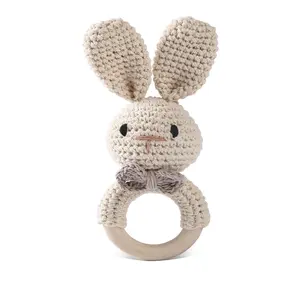 Wooden knit animal Rattle Crochet Bunny Baby Toys Handmade for Newborn baby Early Development toys