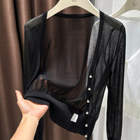 Cardigan en maille transparente pour femme, boutons perlés, col en V, manches longues, léger, coupe ajustée, pull court, haut d'été à superposer