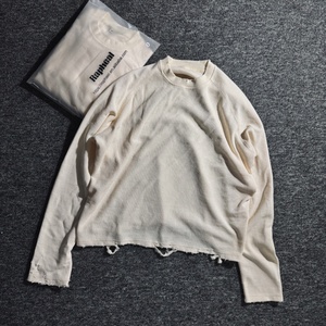 Logotipo personalizado 100% Algodão Angustiado Pullover Streetwear Waffle Knit Impressão Térmica Camisola de Manga Longa para Homens Atacado - Product Image 3