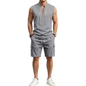 Ensemble t-shirt et short pour homme, lin, décontracté, été, tenue 2 pièces - Product Image 1