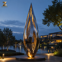 Escultura de Gotas de Agua Iluminada de Acero Inoxidable con Acabado Espejo y Luces LED Cálidas para Arte Público en Resorts, Jardines y Plazas