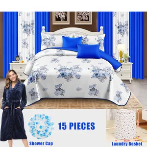 Set seprai kamar tidur katun desain baru Set seprai tirai 15 buah Set seprai selimut motif bunga dengan topi mandi