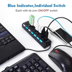 USB 2.0 Hub 7 Port Multi Ports USB a 7in1 Data <b>Splitter</b> With Independent On/Off Switch LED Lights for Laptop PC Computer Mobile - Product Image 5