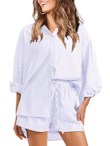 Femmes été 2 pièces rayé à manches longues chemise et short ensembles personnalisé de haute qualité vêtements d'été 2 pièces ensembles pour femmes - Product Image 5