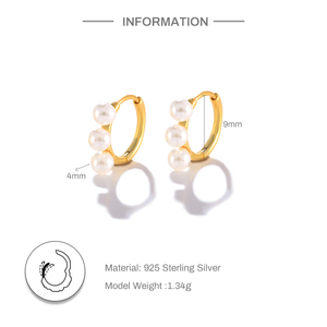 Joyería Fina, Joyería Chapada en Oro de 18k, Pendientes de Plata de Ley, Joyería con Tres Perlas - Product Image 2