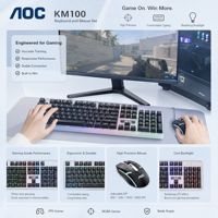 Ensemble clavier et souris filaire AOC KM100, noir, rétroéclairage arc-en-ciel, sensation mécanique, 104 touches, USB, pour jeux PC et bureau